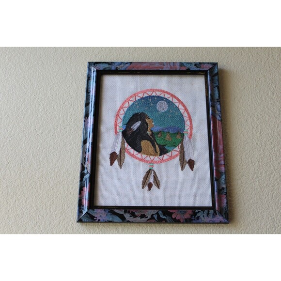 Dream Catcher Needlepoint Southwest Native American Framed Complt Art 12" x 10" - Picture 1 of 5